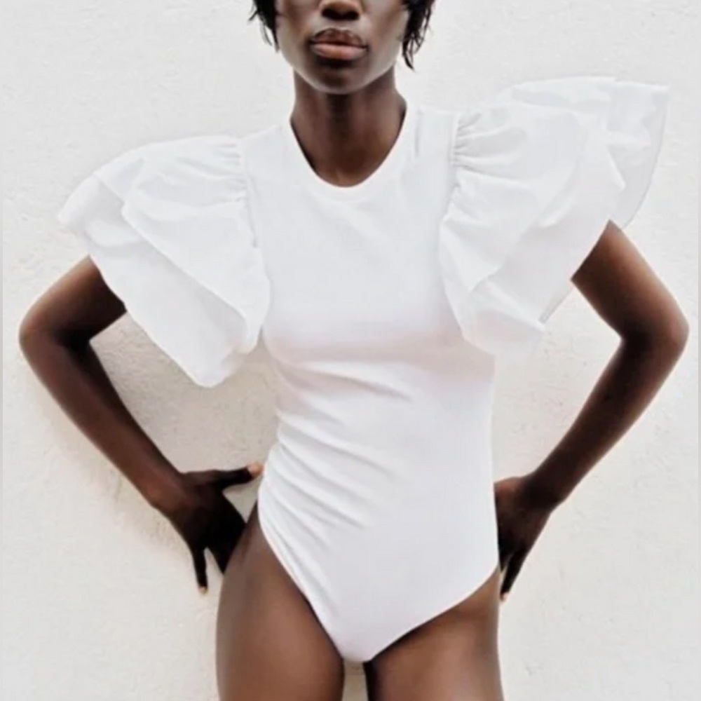 Amazon White Ruffled Medium Bodysuit